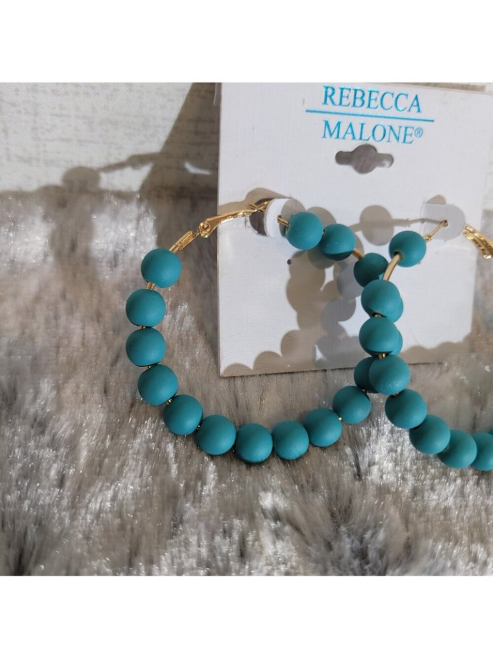 Rebecca Malone Turquoise Beaded Hoop Earrings Gold Tone Lightweight Statement - Picture 2 of 3